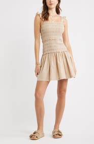 Treasure & Bond Ruffle Smocked Drop Waist Cotton Blend Minidress