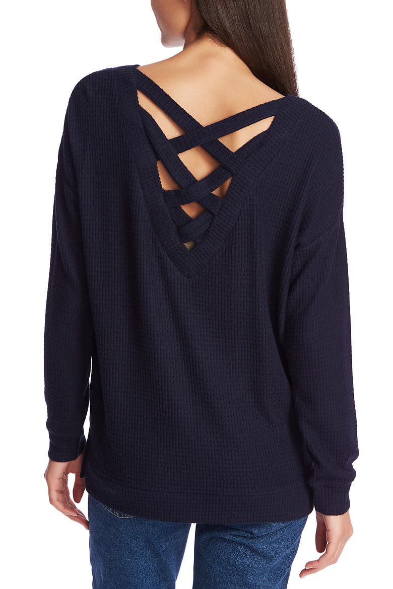 Lattice V-Back Waffle Weave Sweater, Alternate, color, BLUE NIGHT