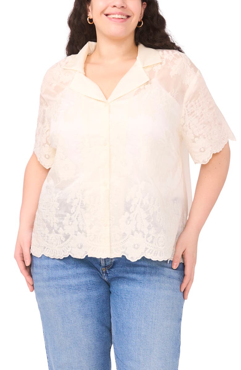 Vince Camuto Scallop Hem Lace Button-Up Shirt, Alternate, color, New Ivory