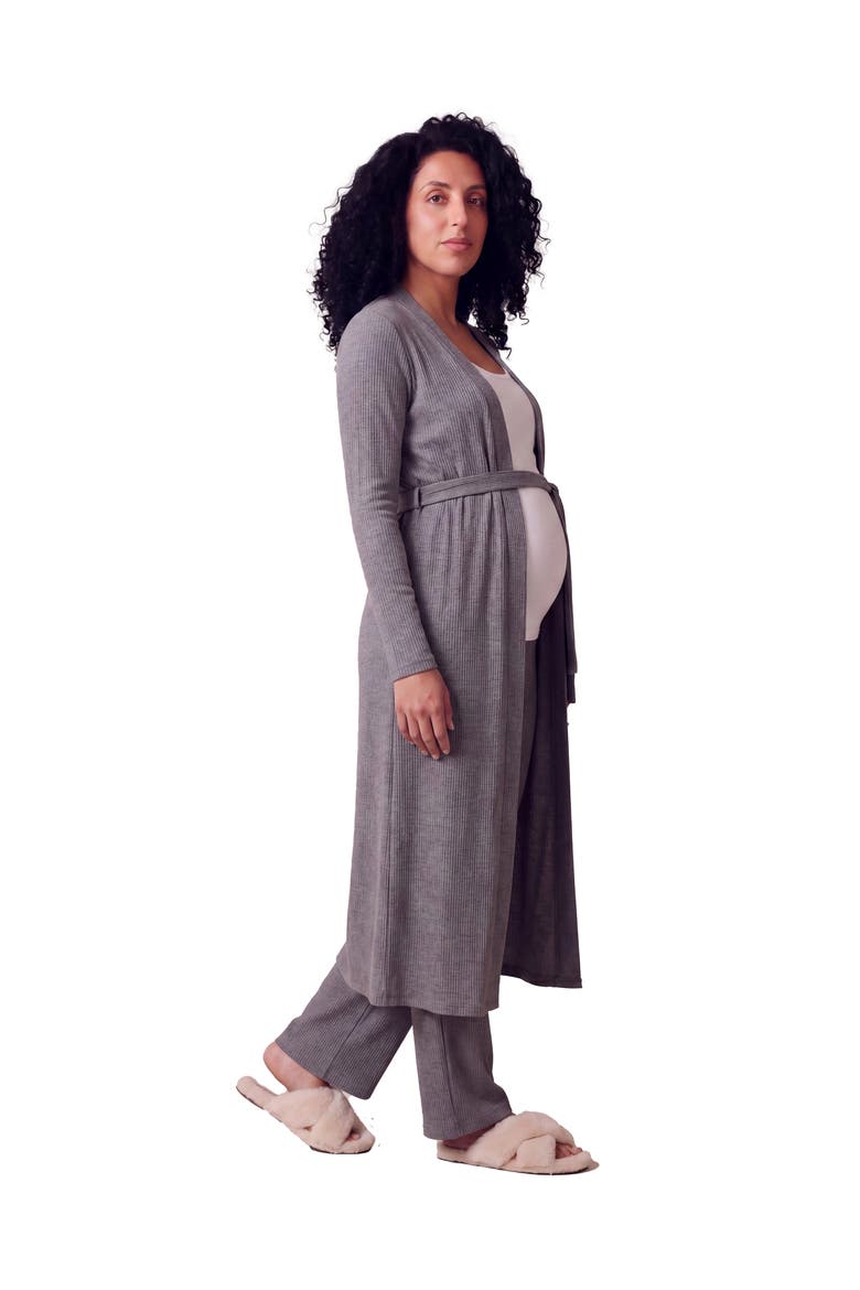 Maternity Basic Long Sleeve Tie Waist Soft Jacket and Elastic Waist Wide Leg Pant Set, Alternate, color, Smoke
