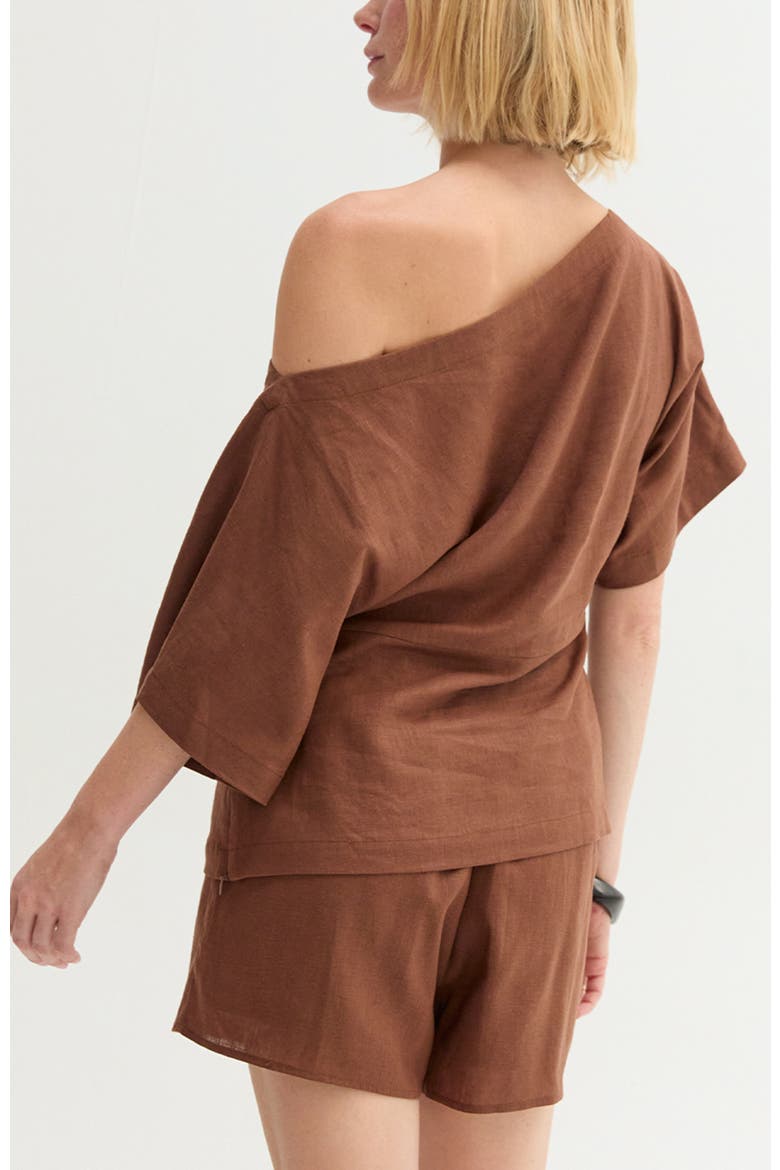 One Shoulder Linen Blend Top, Alternate, color, Brown