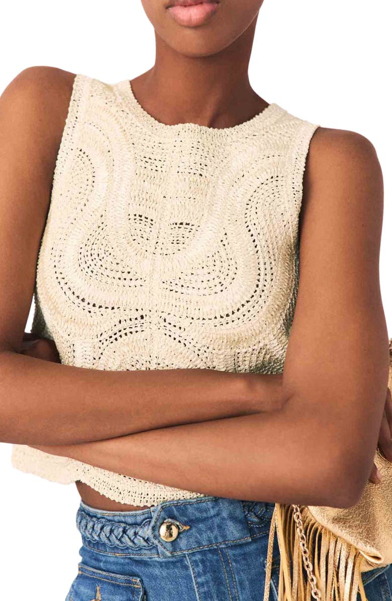 maje Sleeveless crochet-knit top, Alternate, color, Beige