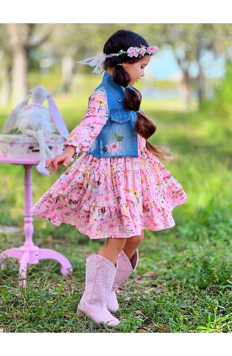 Mia Belle Girls Girls My Sweet Spring Denim Vest And Floral Bunny Dress Set, Alternate, color, Coral