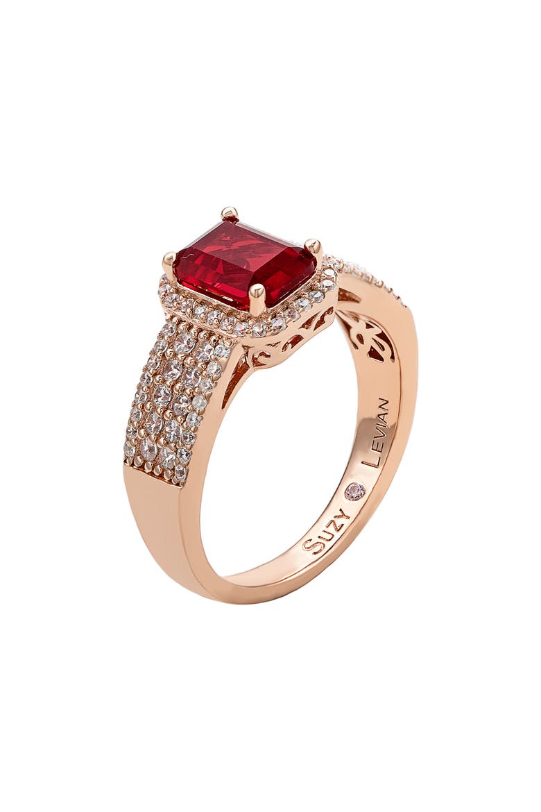 Emerald Cut Cubic Zirconia Halo Ring, Alternate, color, RED