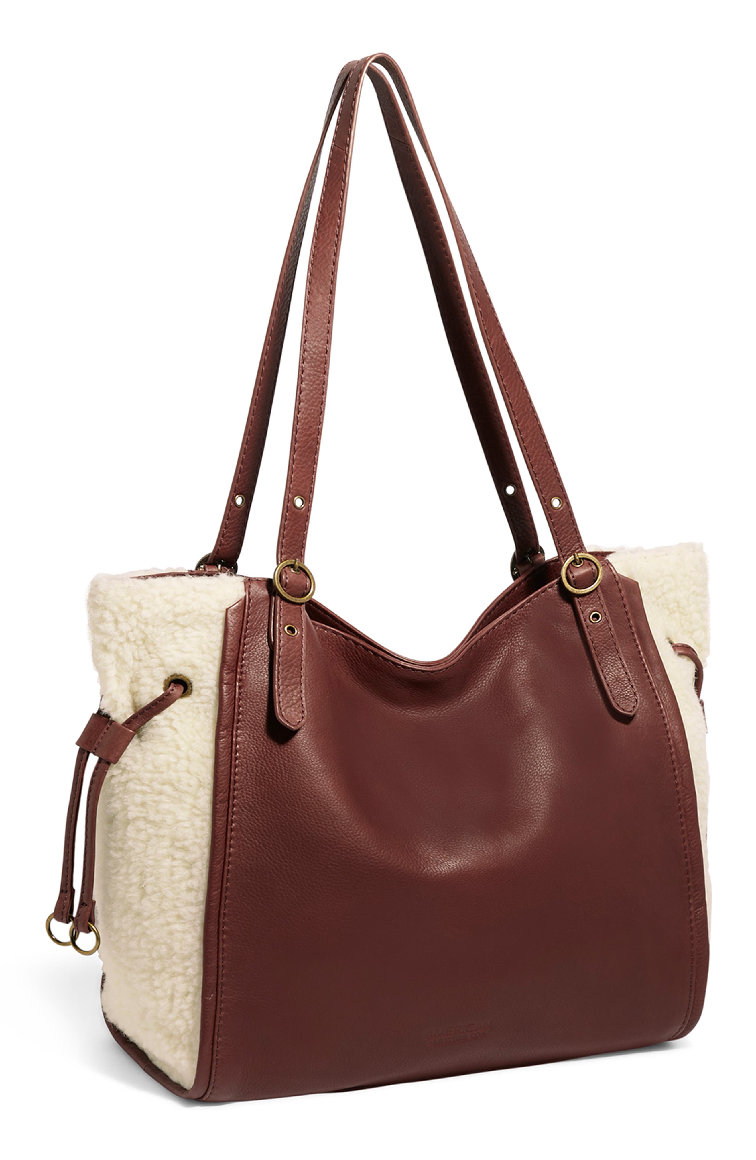 AMERICAN LEATHER CO. Kirby Faux Shearling Trim Tote Bag, Alternate, color, Cordovan/ Shearling