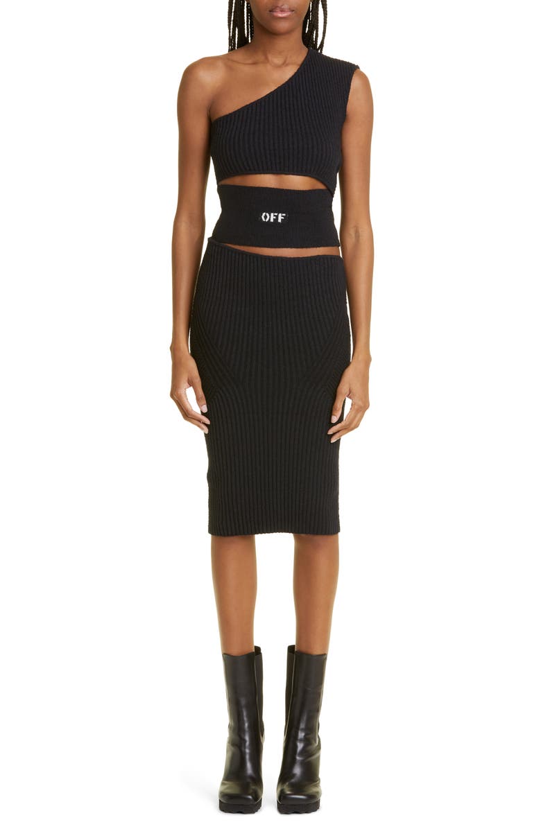 Off-White One-Shoulder Cutout Micro Bouclé Sweater Dress, Main, color, 