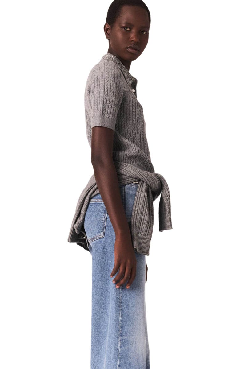 maje Wool polo shirt with rhinestone collar, Alternate, color, Grey