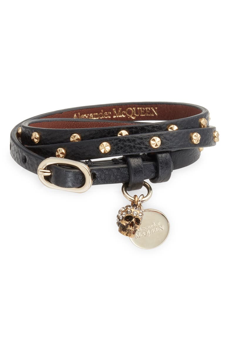 McQueen Hammered Studs Wrap Leather Bracelet, Main, color,