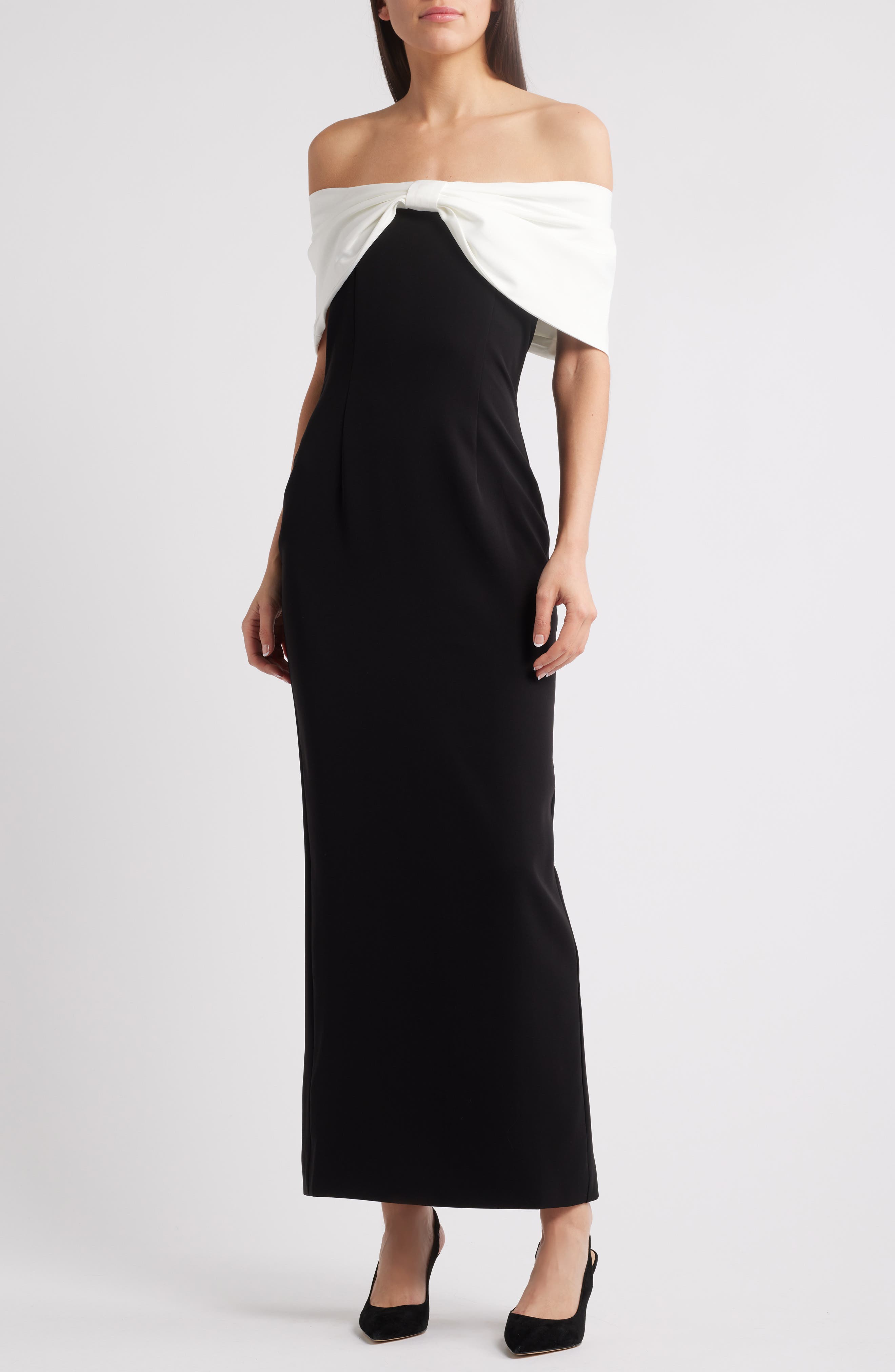 Sonya Moda Belluno Off the Shoulder Column Gown in Black And White 