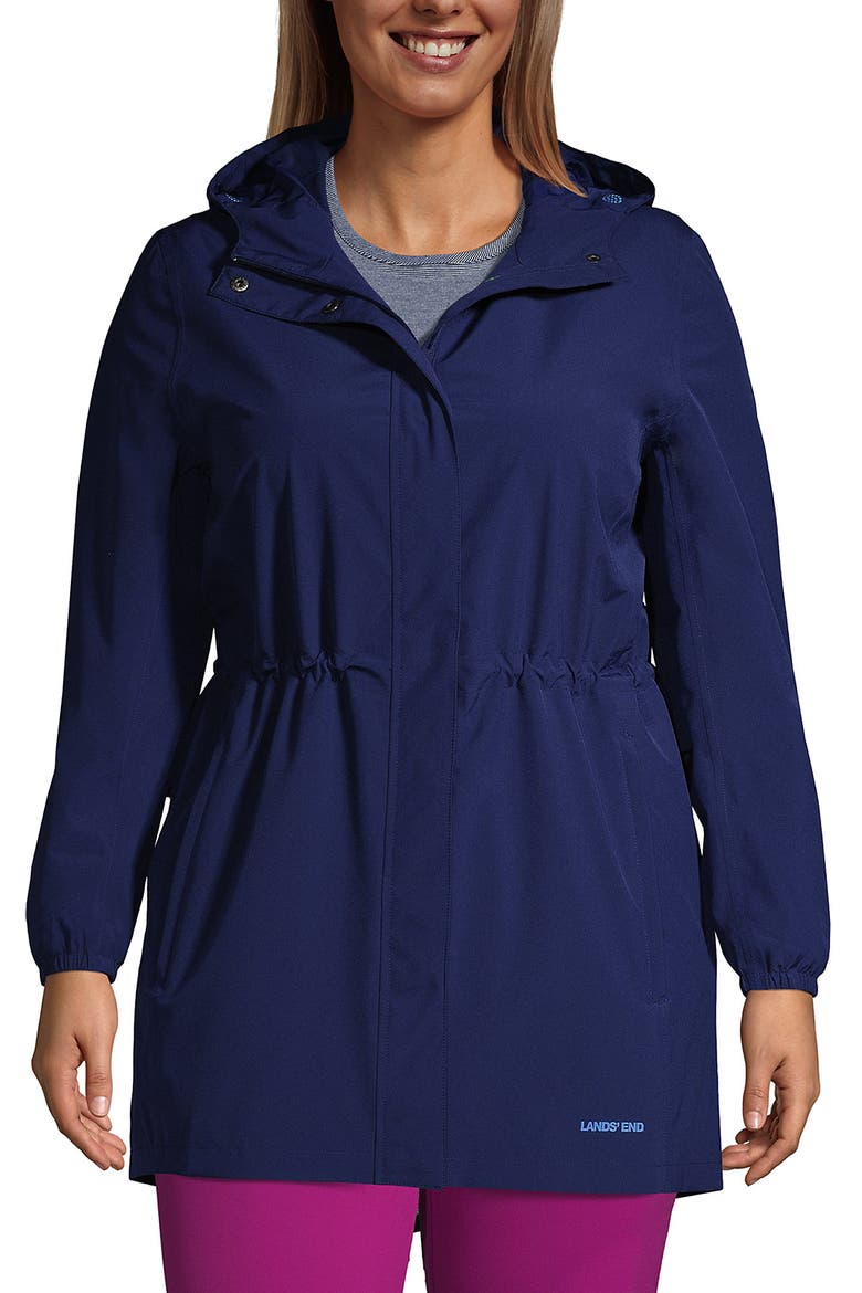 Plus Size Print Waterproof Hooded Packable Raincoat, Main, color, Deep Sea Navy