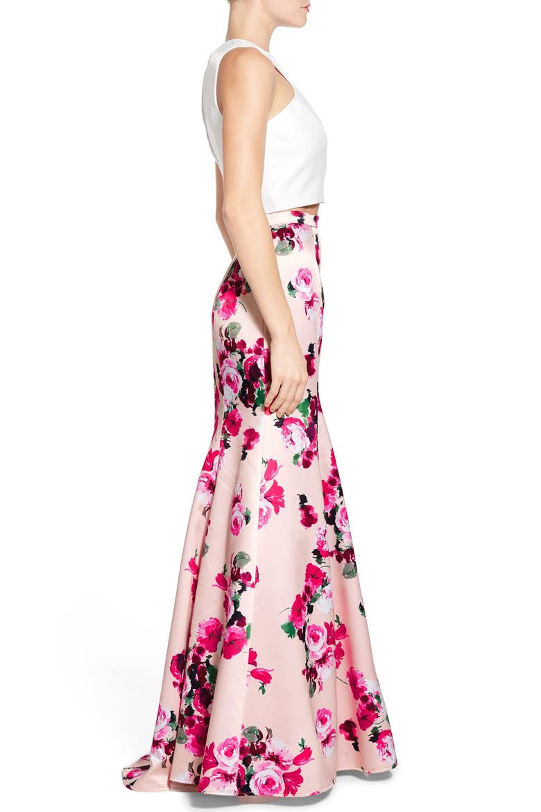 Xscape Floral Satin Two-Piece Ballgown, Alternate, color, PINK