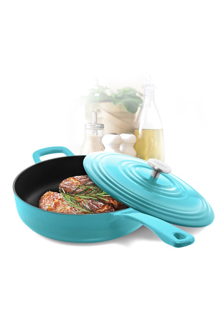 5 qt. Round Cast-Iron Saute Skillet w/ Lid, Alternate, color, Sea Blue