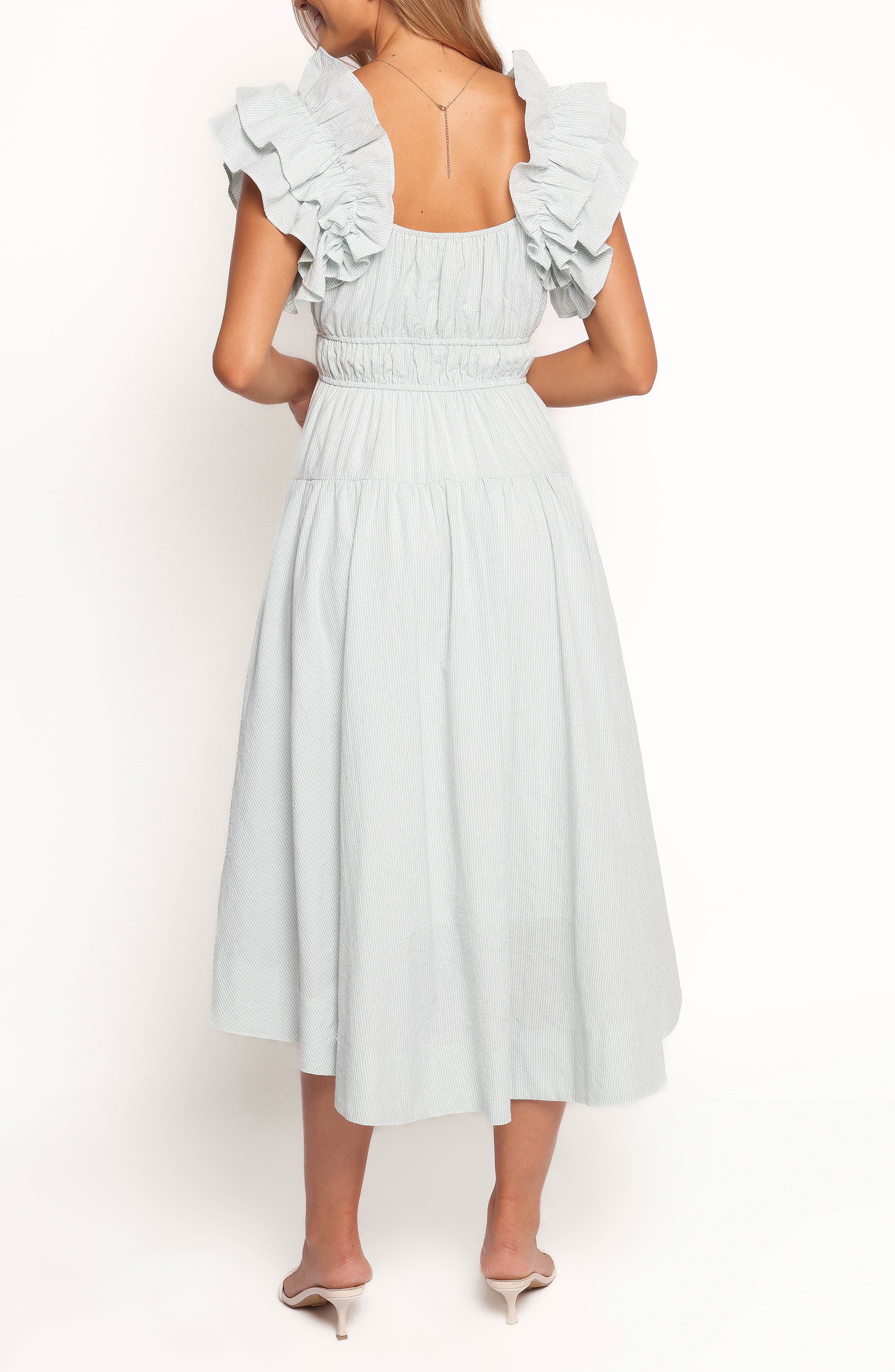 linda stripe ruffle sleeve cotton midi dress Linda Stripe Ruffle Sleeve Cotton Midi Dress (Women)