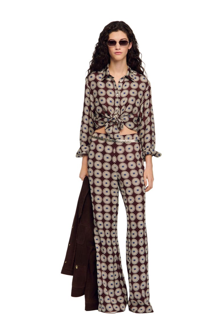 Floral-print floaty trousers, Alternate, color, Marron / bleu