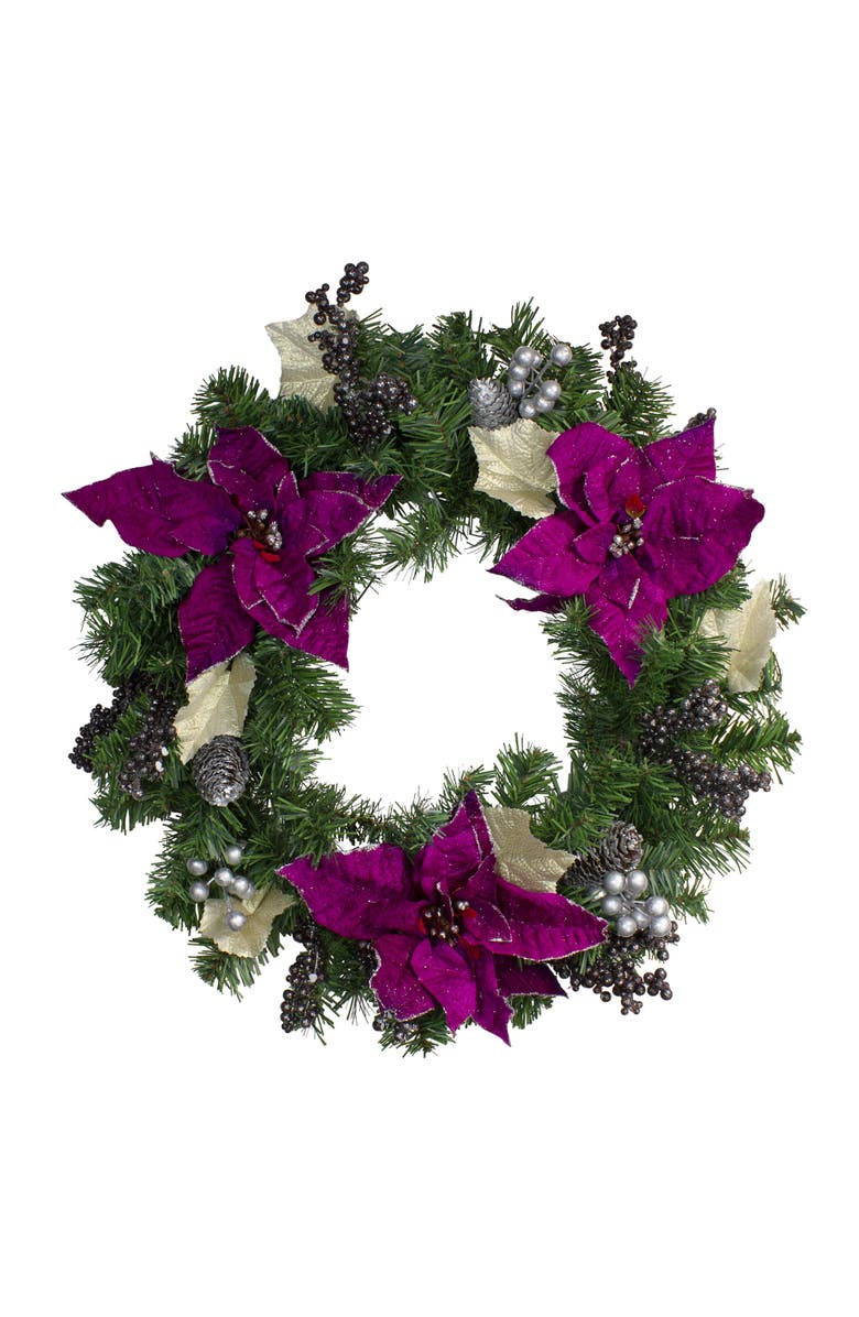 Northlight Poinsettia and Pine Cone Berries Artificial Christmas Wreath - 24" - Purple - Unlit, Main, color, Purple
