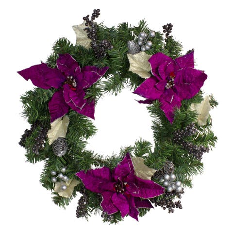 Poinsettia and Pine Cone Berries Artificial Christmas Wreath - 24" - Purple - Unlit