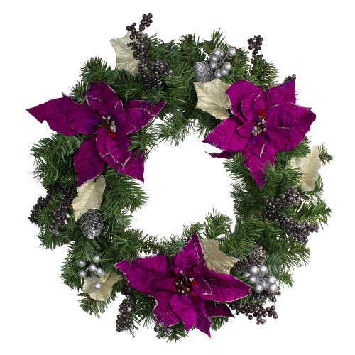 Northlight Poinsettia And Pine Cone Berries Artificial Christmas Wreath In Purple