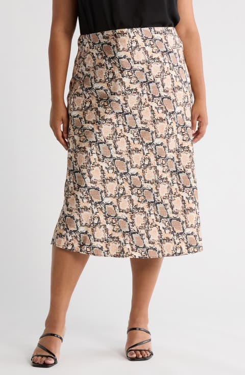 Snake Print Satin Midi Skirt