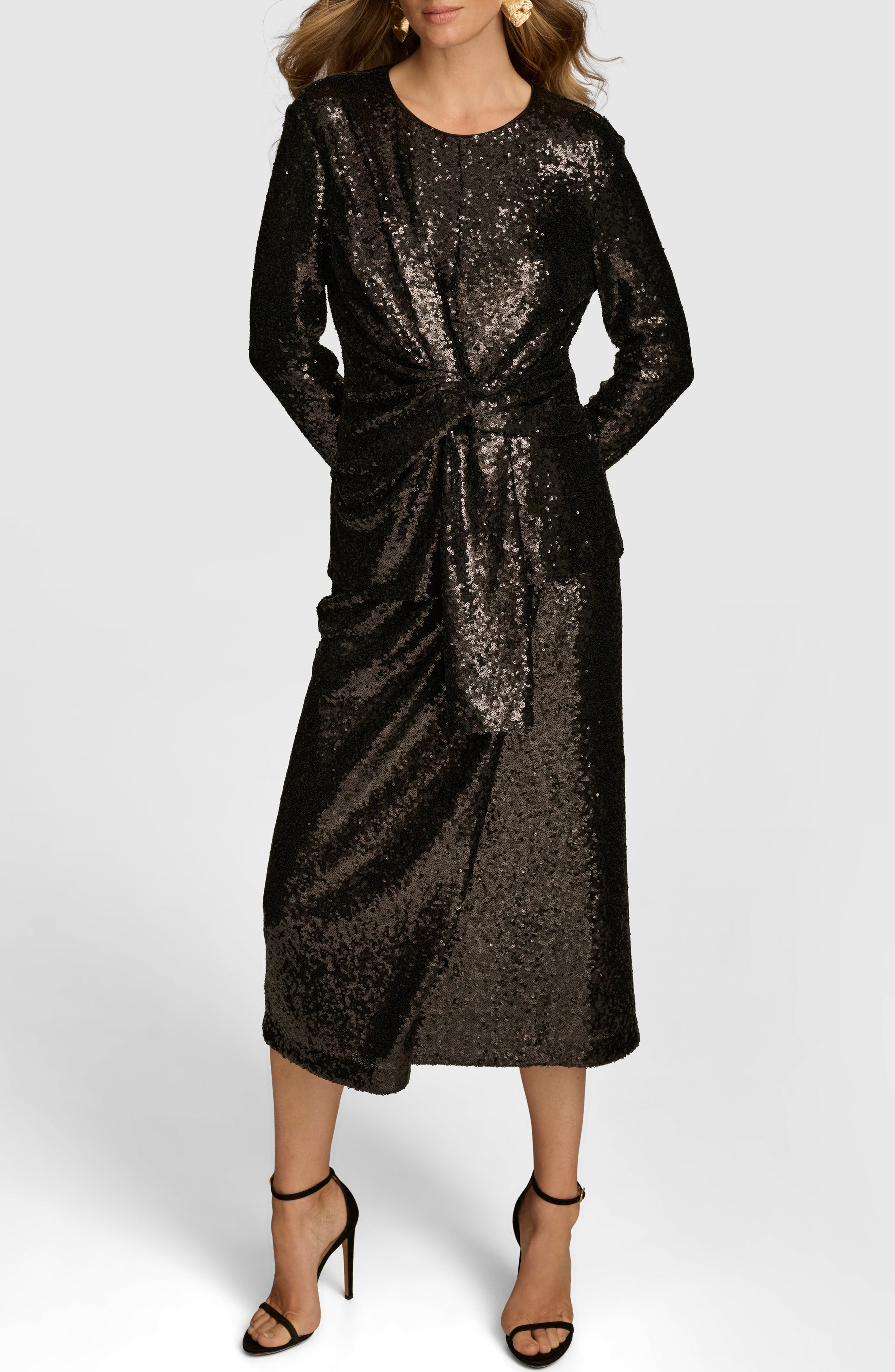 DONNA KARAN Sequin Tie Waist Long Sleeve Midi Dress in Black 