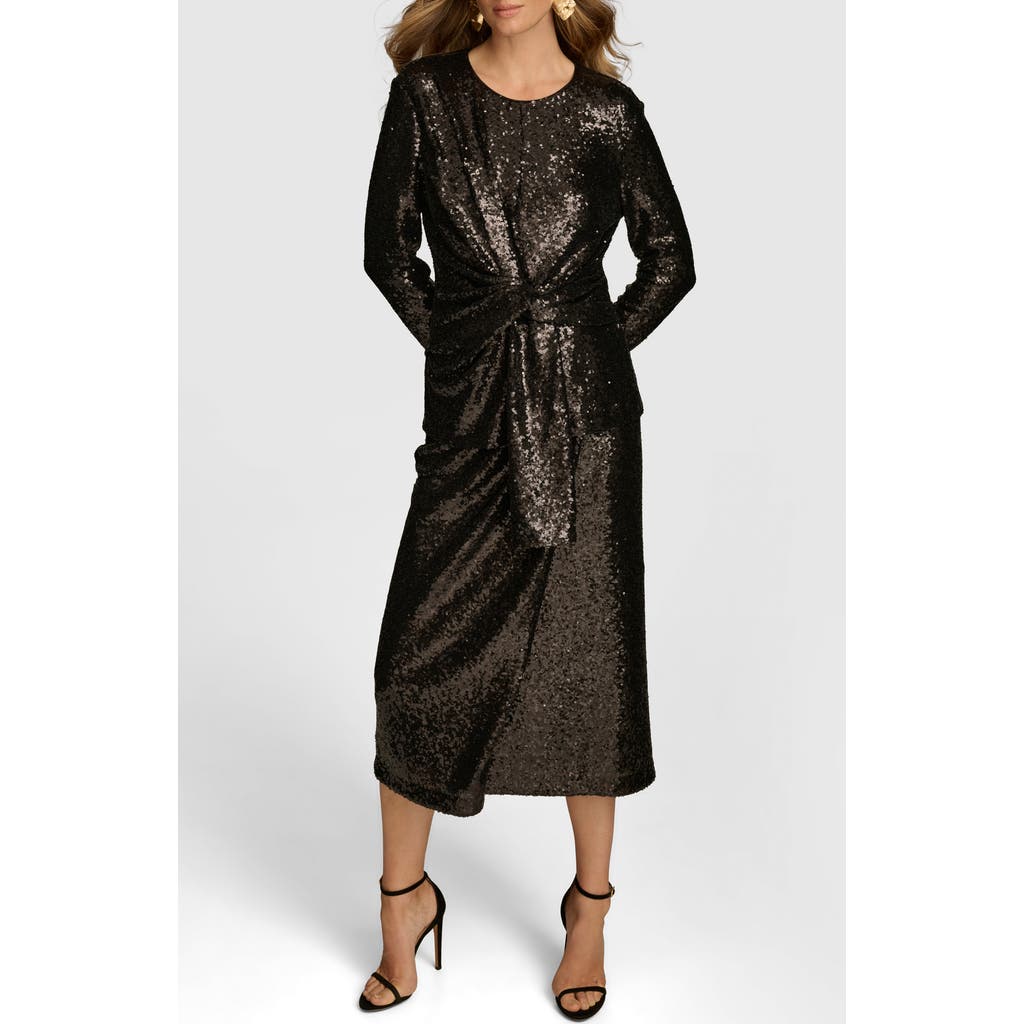 DONNA KARAN Sequin Tie Waist Long Sleeve Midi Dress in Black