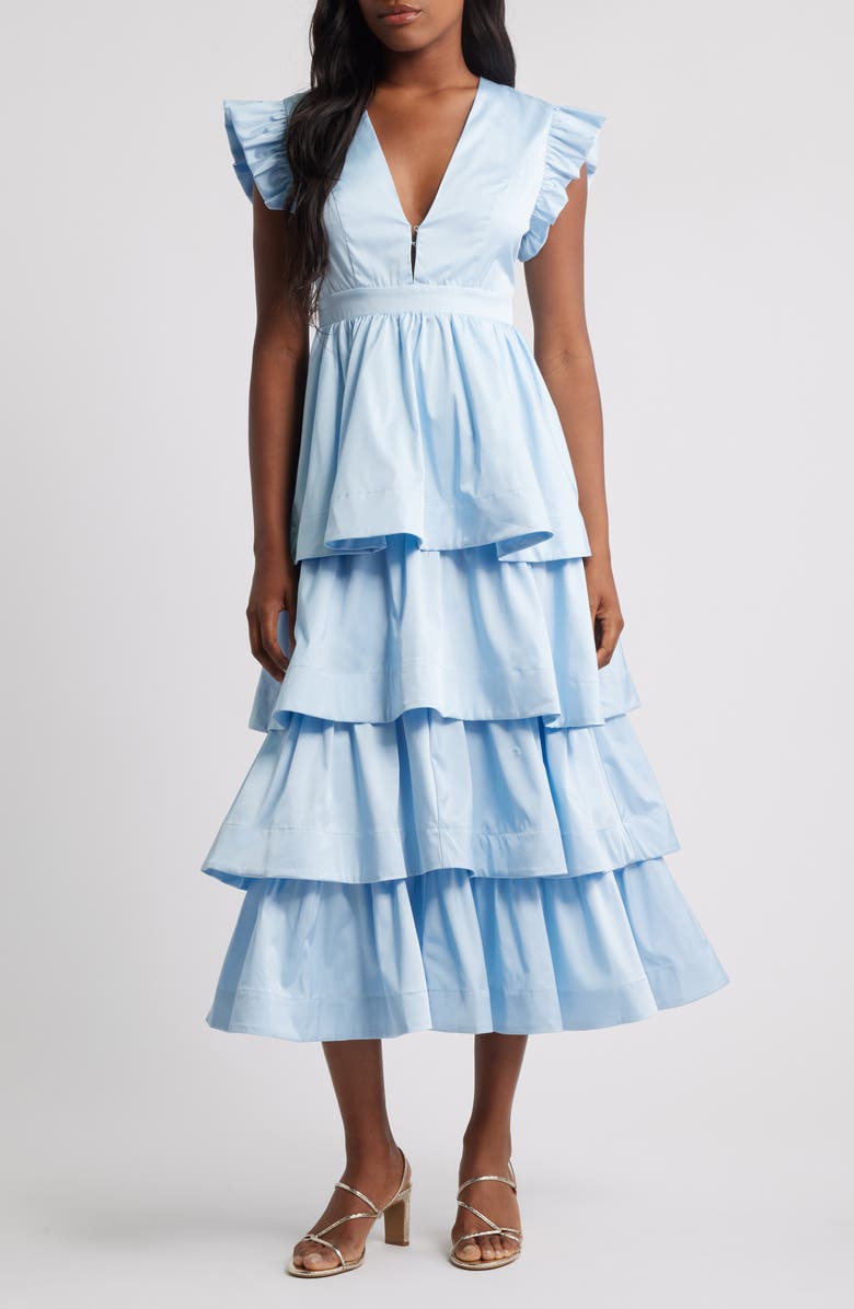 Sister Jane Feria Tiered Midi Dress, Main, color, Blue