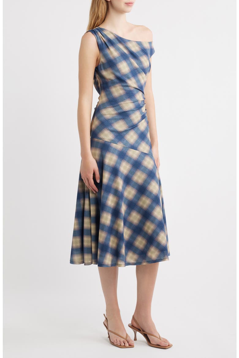 Delores Off the Shoulder Midi Dress, Alternate, color, NAVY SAGE PLAID