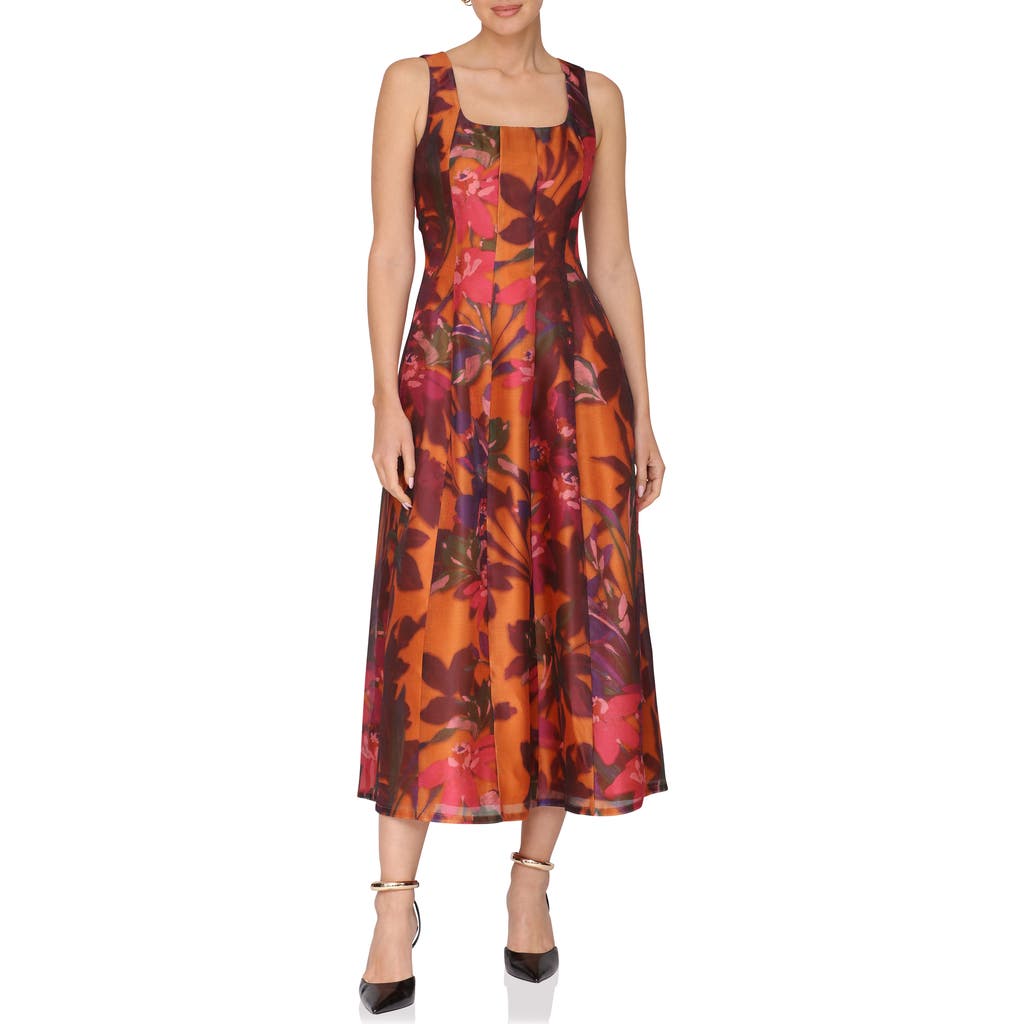 Avec Les Filles Print Sleeveless Lantern Midi Dress In Multi
