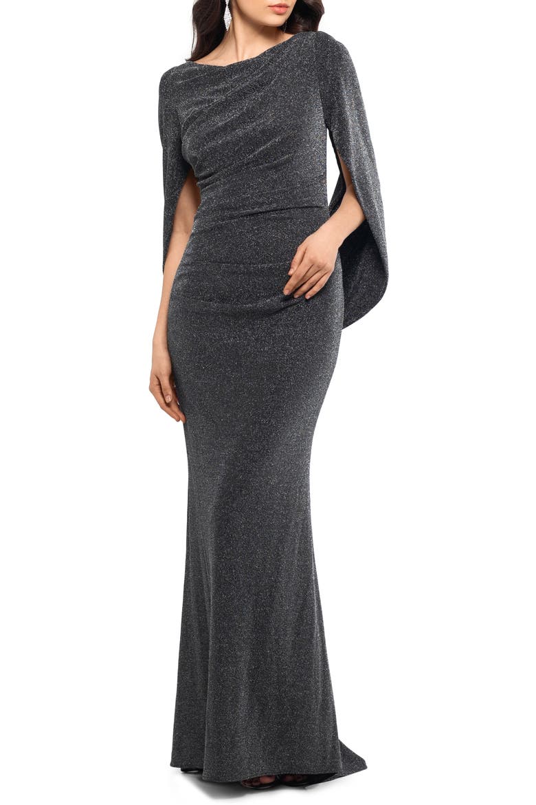 Metallic Drape Back Trumpet Gown, Main, color, BLACKSILVER