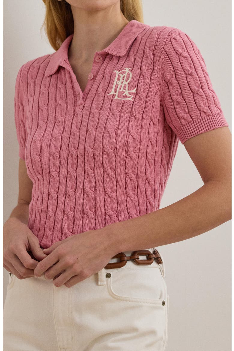 Embroidered Cable Cotton Polo Sweater, Alternate, color, ROSE MAUVE