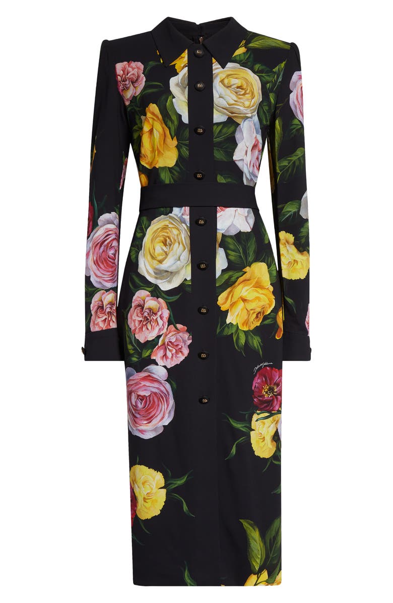 Dolce&Gabbana Rose & Peony Floral Long Sleeve Stretch Cady Shirtdress, Alternate, color,
