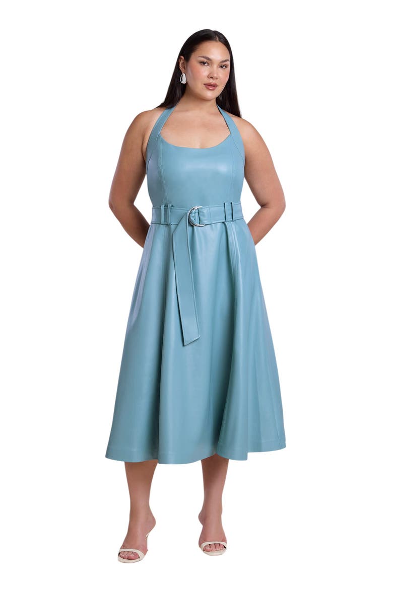 Faux Leather Halter Midi Dress, Main, color, CAMEO BLUE