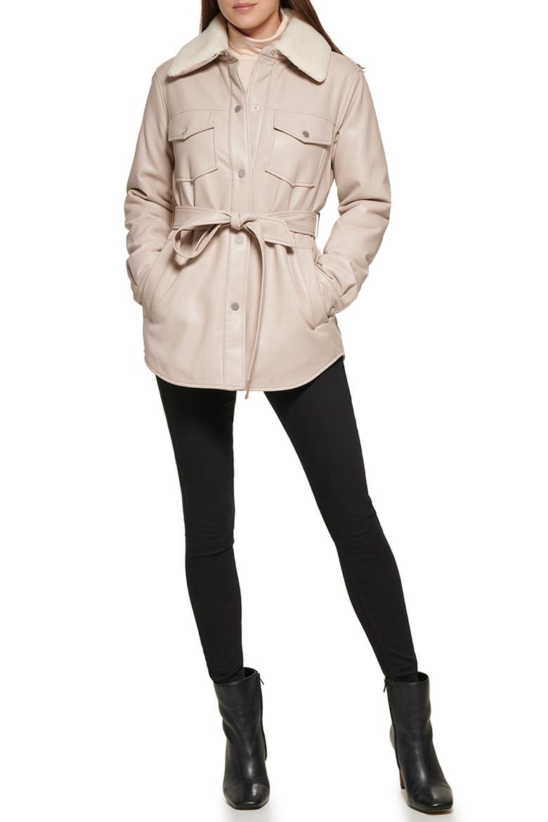 Faux Leather Tie Belt Shacket with Removable Faux Shearling Collar, Alternate, color, BONE