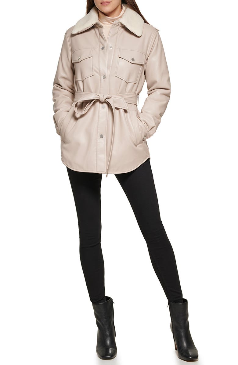Kenneth Cole Faux Leather Tie Belt Shacket with Removable Faux Shearling Collar, Alternate, color, Bone
