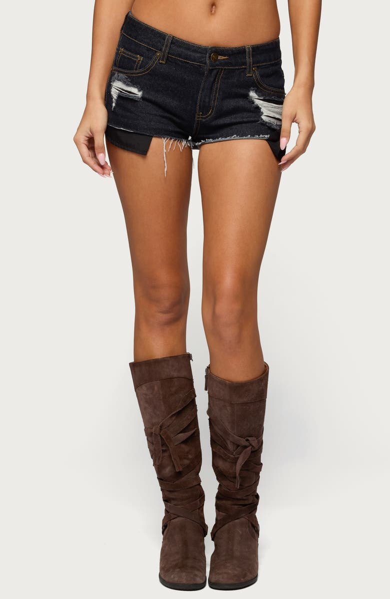 EDIKTED Devin Low Rise Micro Denim Cutoff Shorts, Main, color, 