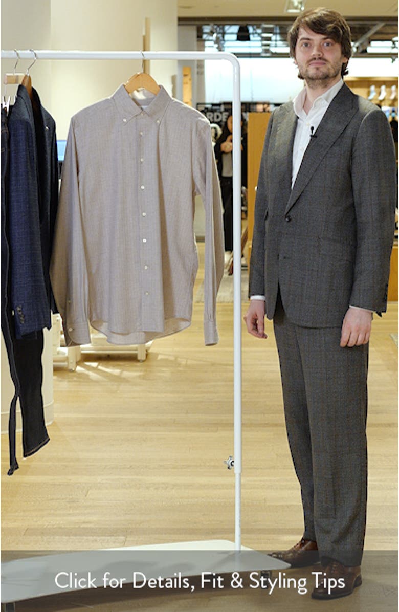 Modern Fit Beige Mélange Brushed Cotton Herringbone Dress Shirt, sales video thumbnail