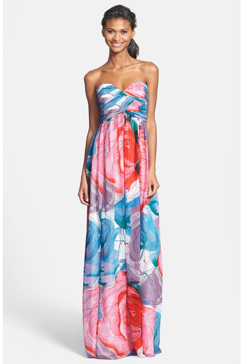 'Laura' Print Strapless Sweetheart Chiffon Gown, Alternate, color, TAFFY