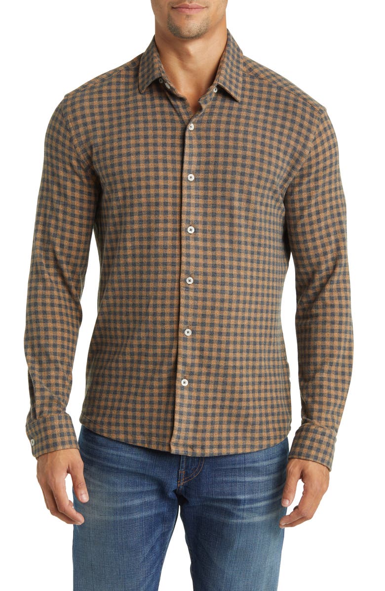 Stone Rose Gingham Check Wrinkle Resistant Tech Fleece Button-Up Shirt, Main, color, 