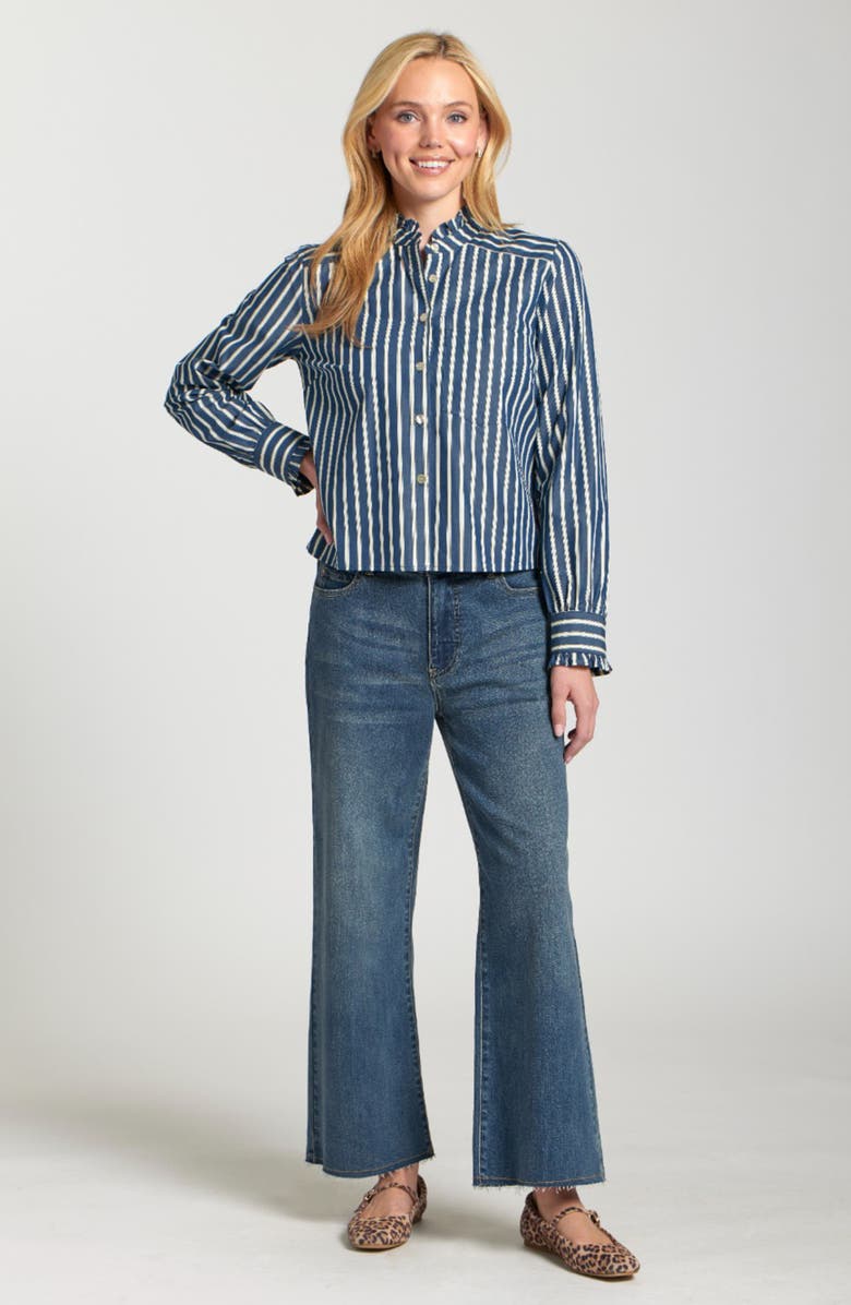 APNY Stripe Ruffle Trim Cotton Button-Up Shirt, Alternate, color, Navy/ Off White