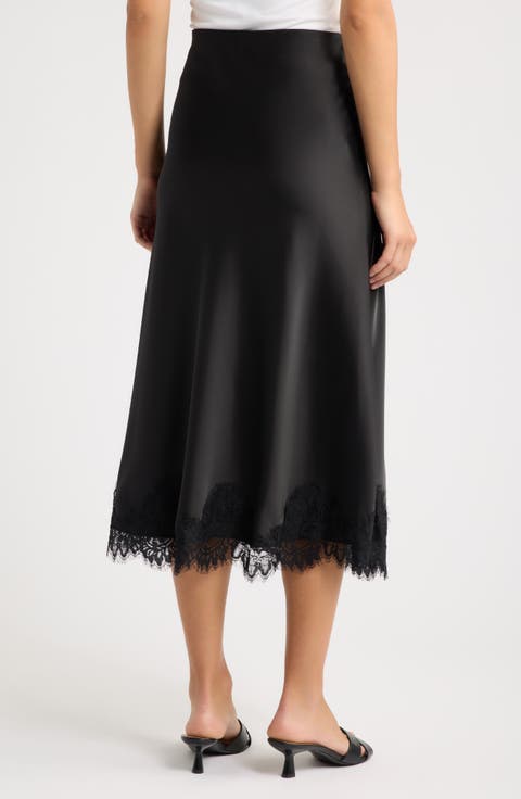 Lace Trim Satin Bias Midi Skirt