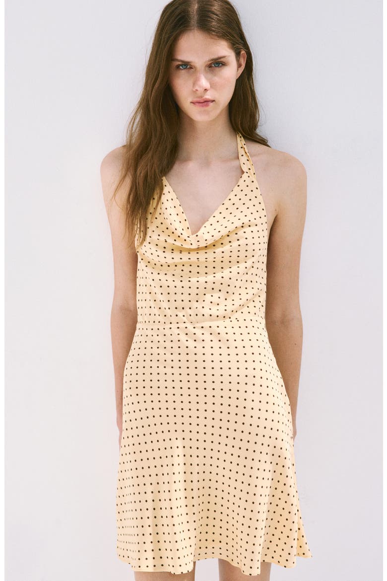 Polka Dot Draped Neck Halter Minidress, Alternate, color, PASTEL YELLOW