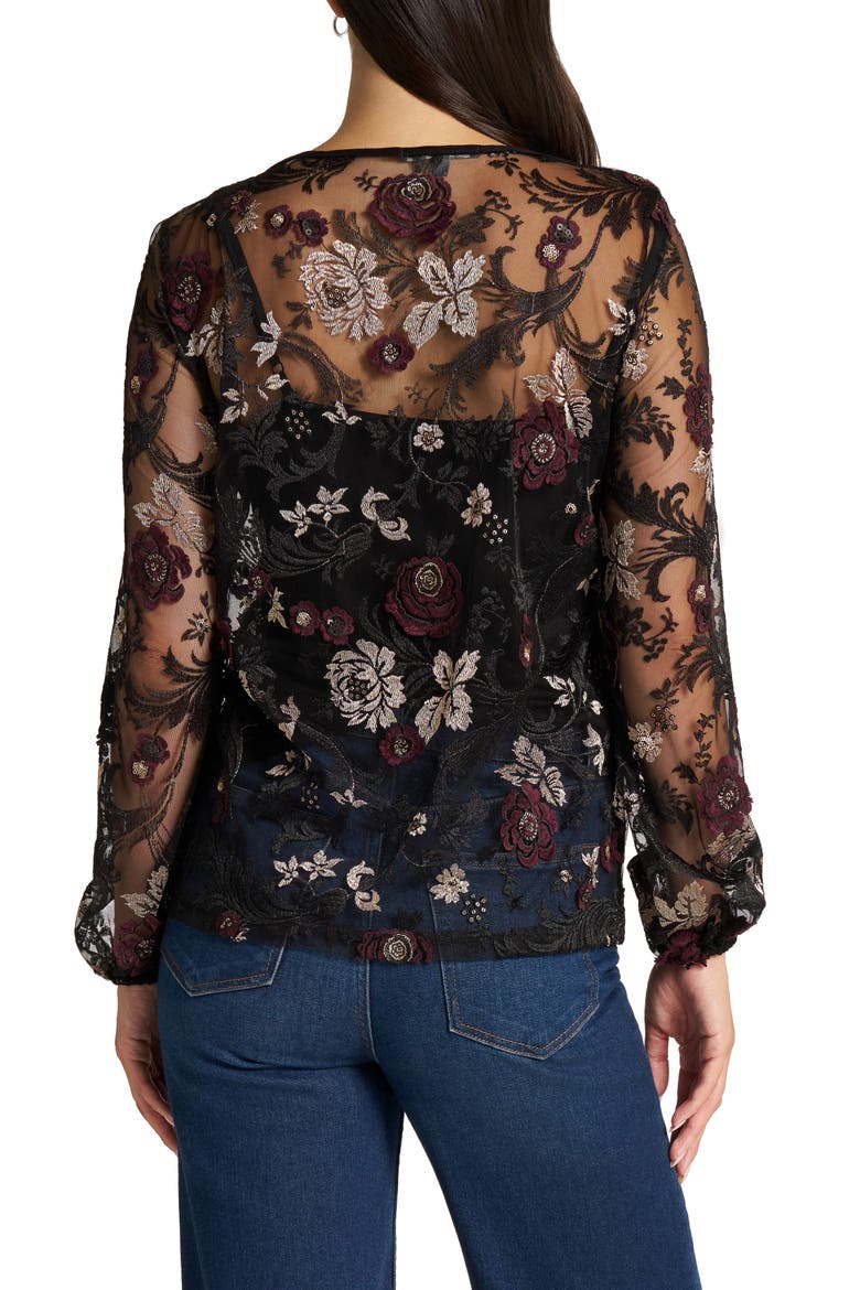Embroidered Mesh Top with Camisole, Alternate, color, BLACK