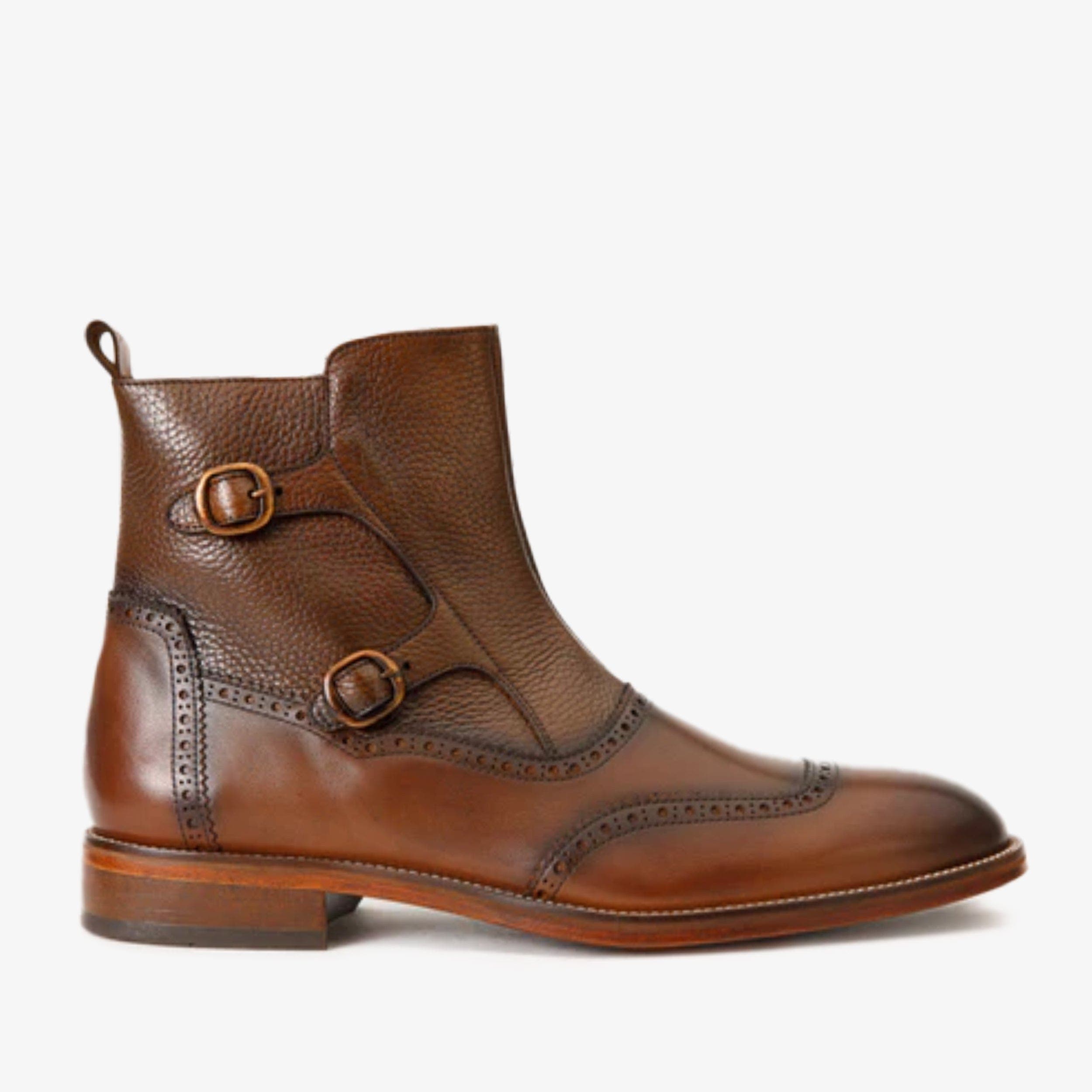 The Rand Leather Double Buckle Brogue Boot With A Zipper, Main, color, Brown