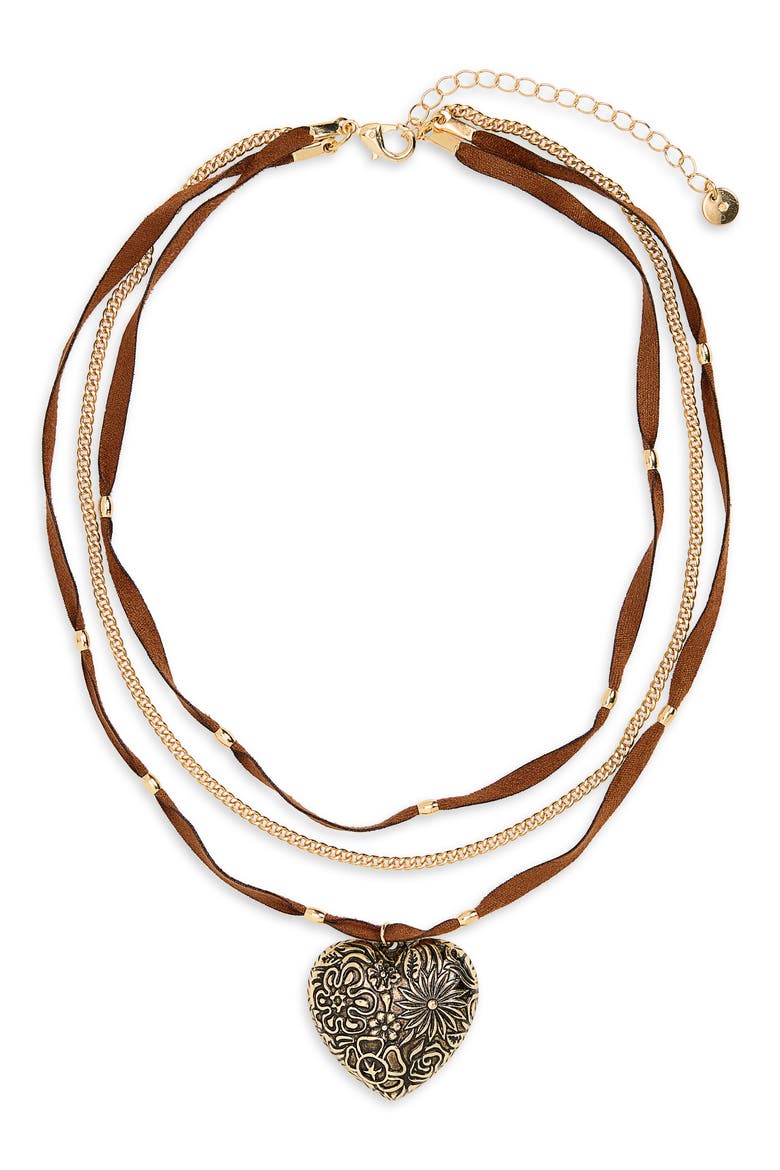 Engraved Heart Charm Layered Suede Necklace, Main, color, GOLD- BROWN