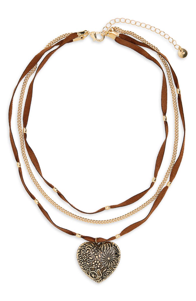 BP. Engraved Heart Charm Layered Suede Necklace, Main, color, Gold- Brown