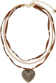 BP. Engraved Heart Charm Layered Suede Necklace