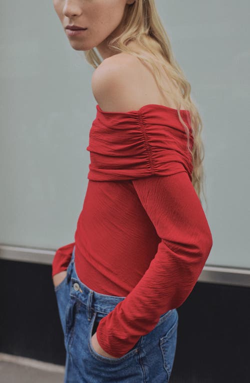Mango Off The Shoulder Long Sleeve Top In Red