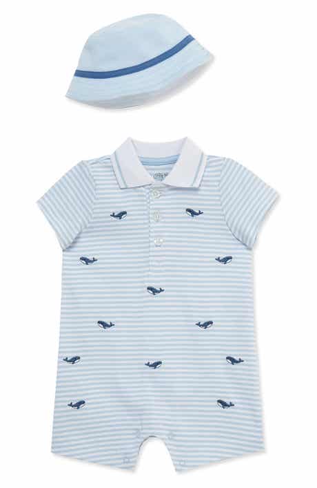 Little Me Whale Embroidered Terry Romper & Sun Hat Set