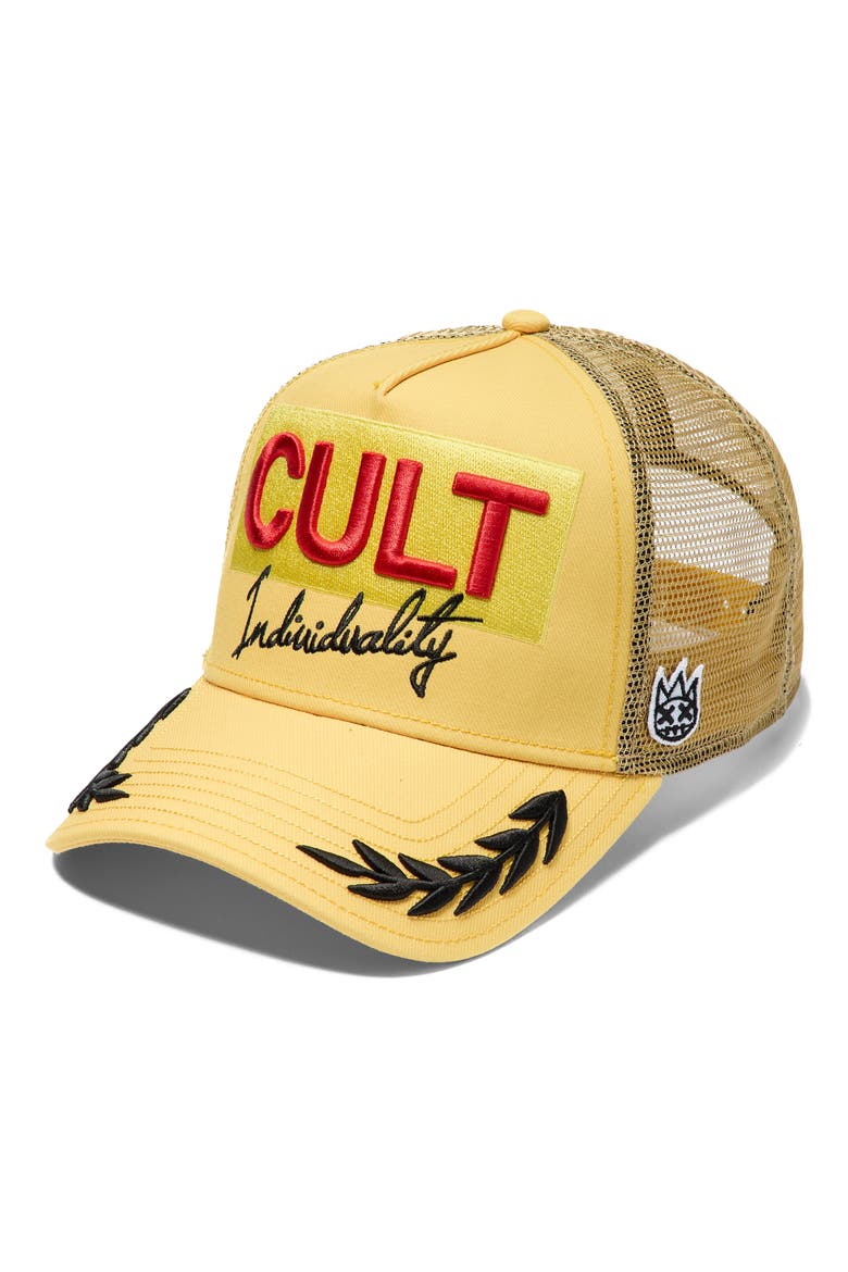 Racing Logo Trucker Hat, Main, color, YELLOW GOLD