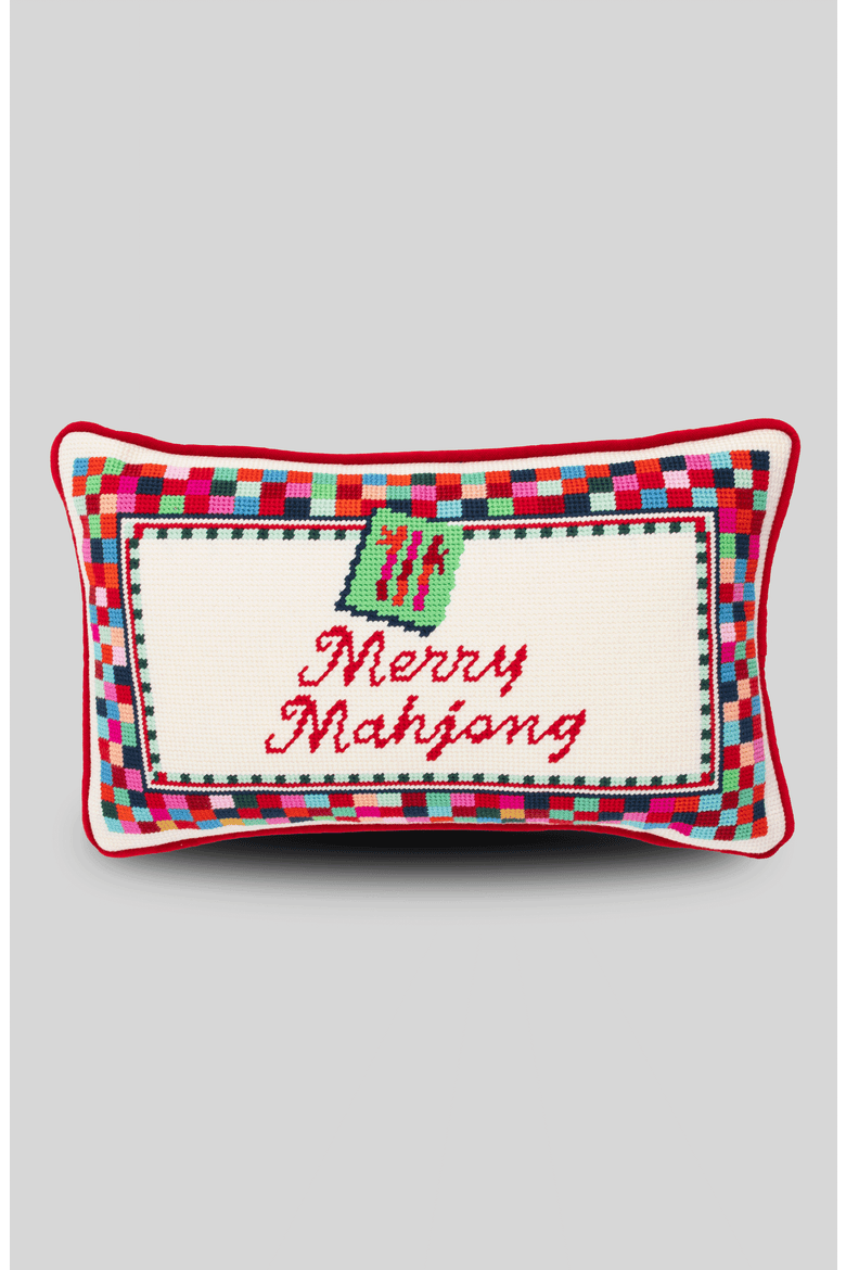 Merry Mahjong Needlepoint Pillow, Main, color, White