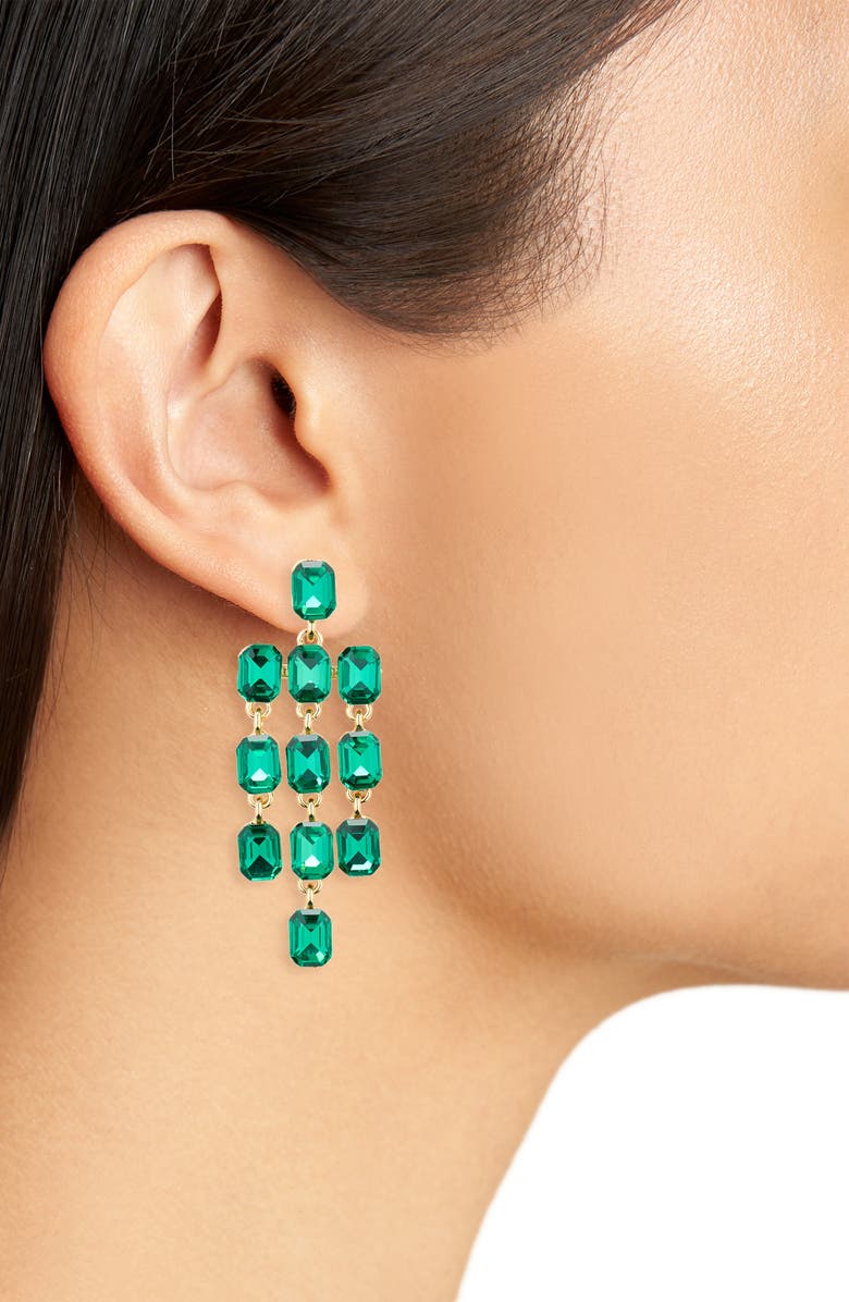 Cara Fringe Baguette Crystal Chandelier Drop Earrings, Alternate, color, Gold/ Green